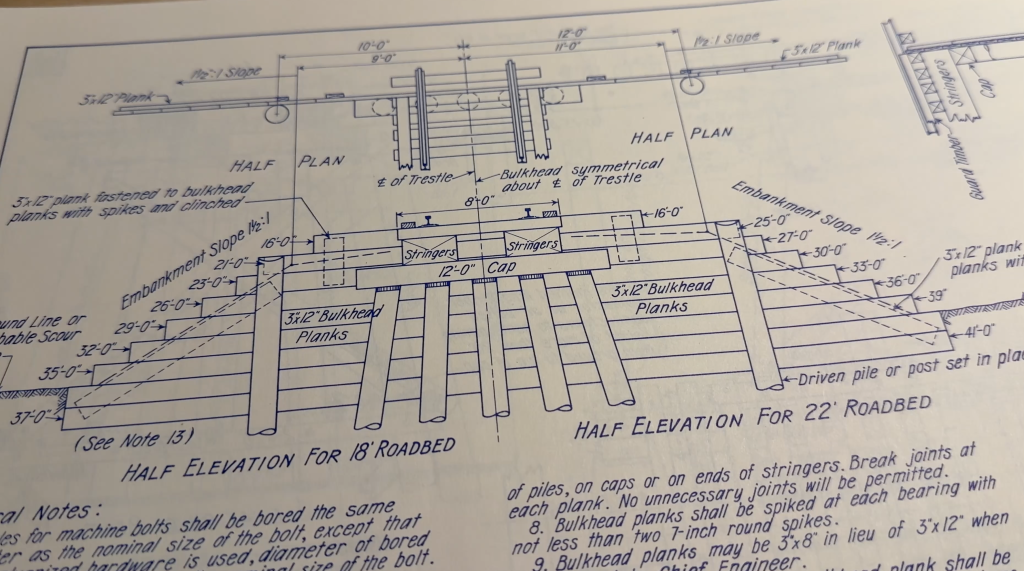 Building a bridge over the Buffalo Creek: trestle drawing.