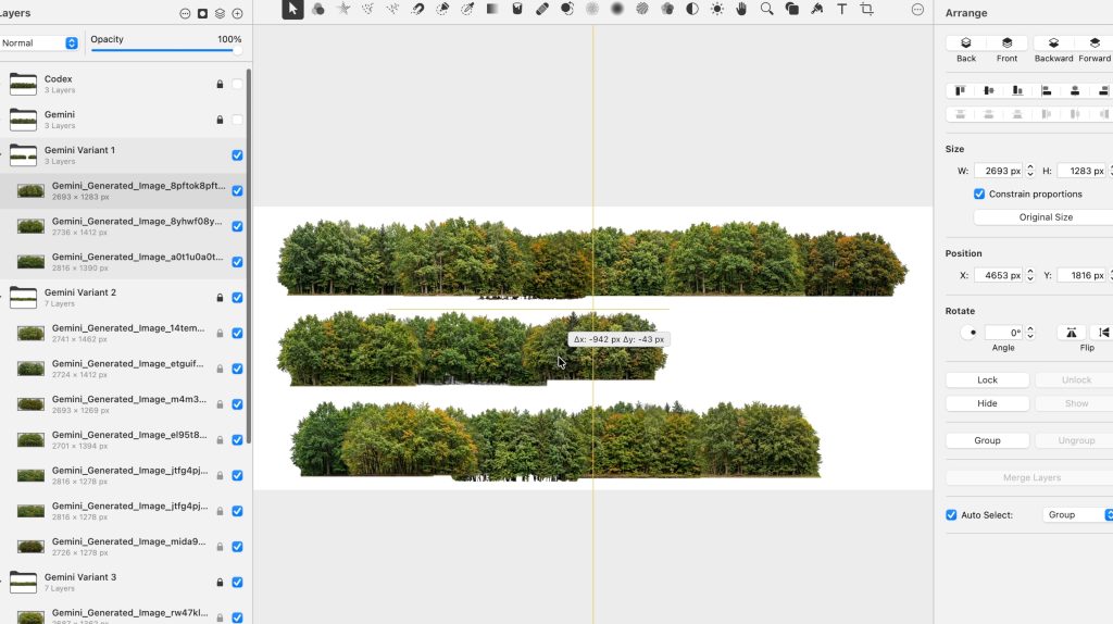 Using Pixelmator Pro to patch together AI-created backdrop trees